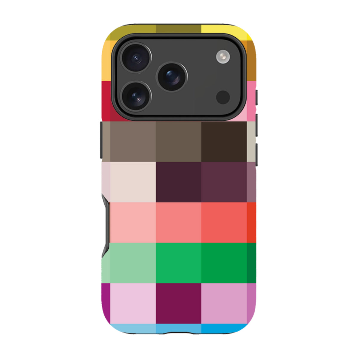 iPhone tough case with a vibrant, multi-colored grid pattern and durable dual-layer protection for a precise fit.