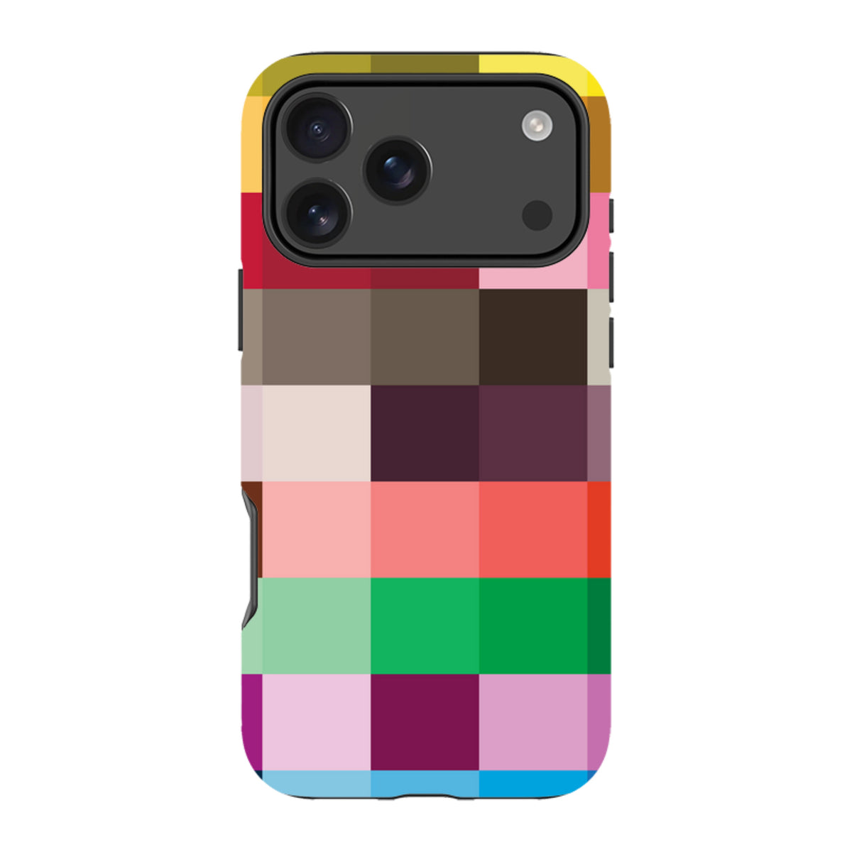 iPhone tough case with a vibrant, multi-colored grid pattern and a durable dual-layer protective design.