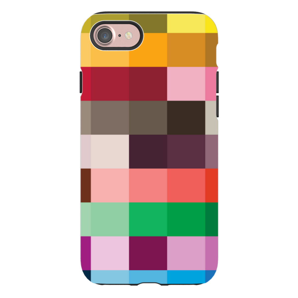 iPhone tough case with a vibrant, multi-colored grid pattern and durable dual-layer construction.