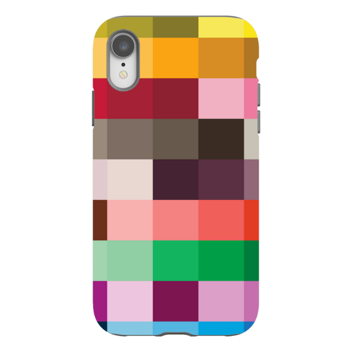 iPhone tough case with a vibrant, high-definition technicolor grid pattern and dual-layer protective design.