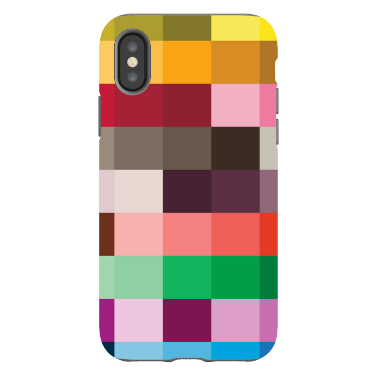 iPhone tough case with a vibrant, multi-colored grid pattern and dual-layer protective design.