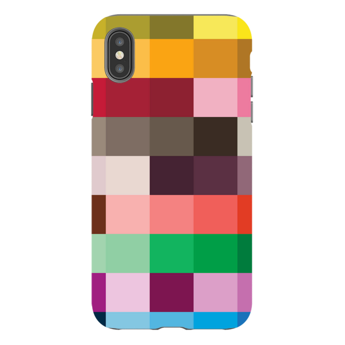 iPhone tough case featuring a colorful, high-definition grid pattern of vibrant, multi-colored squares.