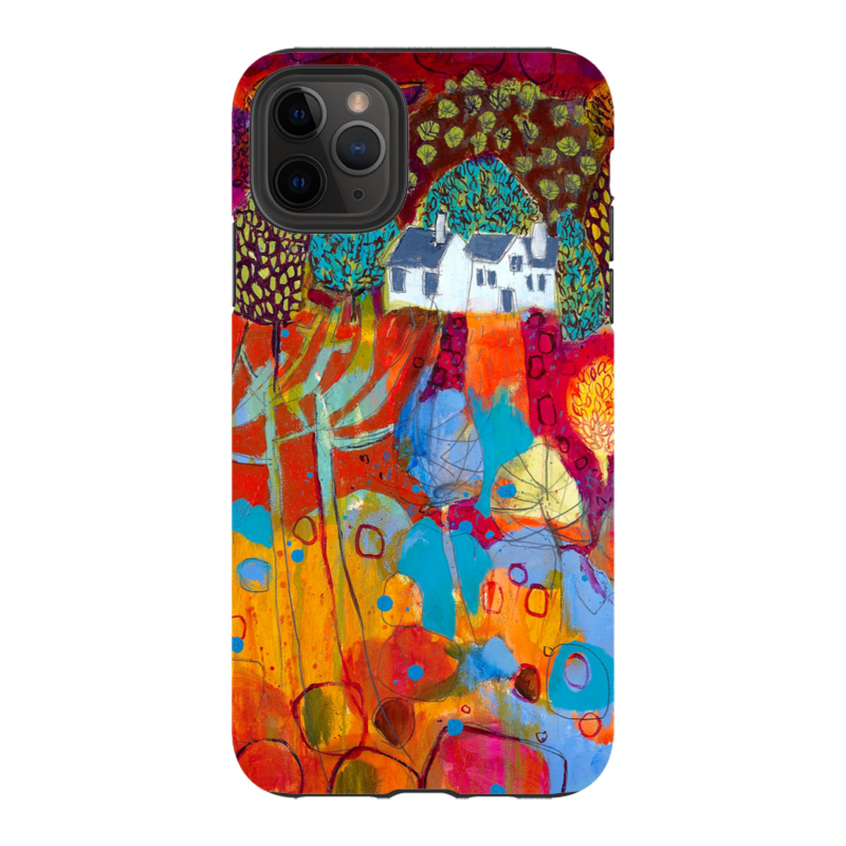 iPhone Tough Case featuring Claire West’s vibrant abstract landscape art with a white cottage and colorful trees.