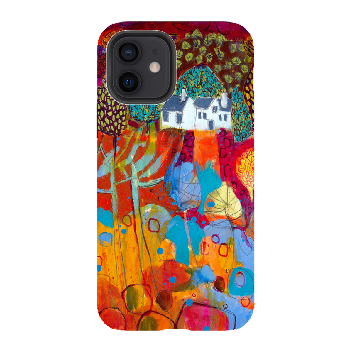 iPhone tough case featuring The Croft by Claire West with vibrant, abstract landscape art and a dual-layer design.
