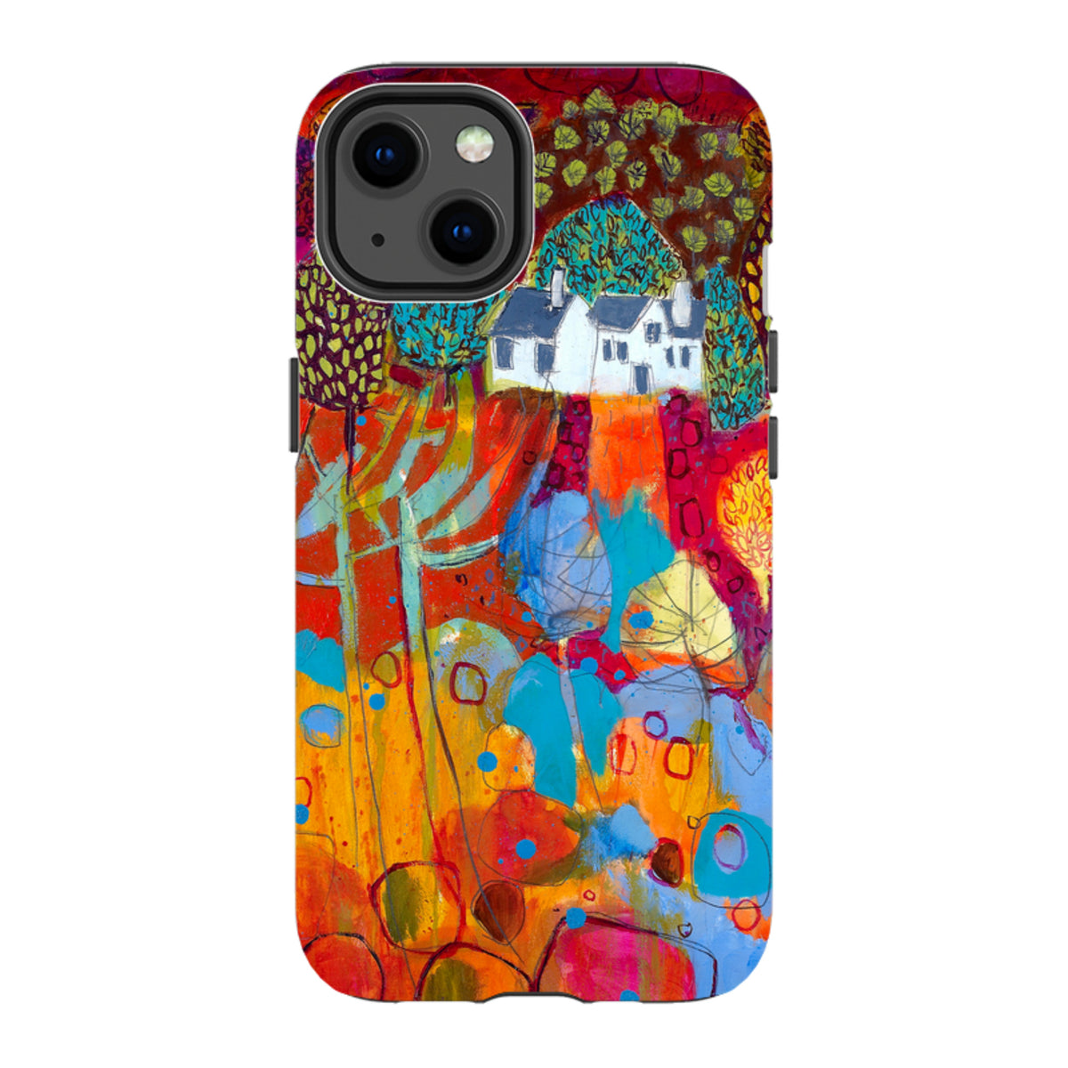 iPhone Tough Case featuring Claire West's vibrant, abstract landscape painting of a white cottage in a colorful forest.