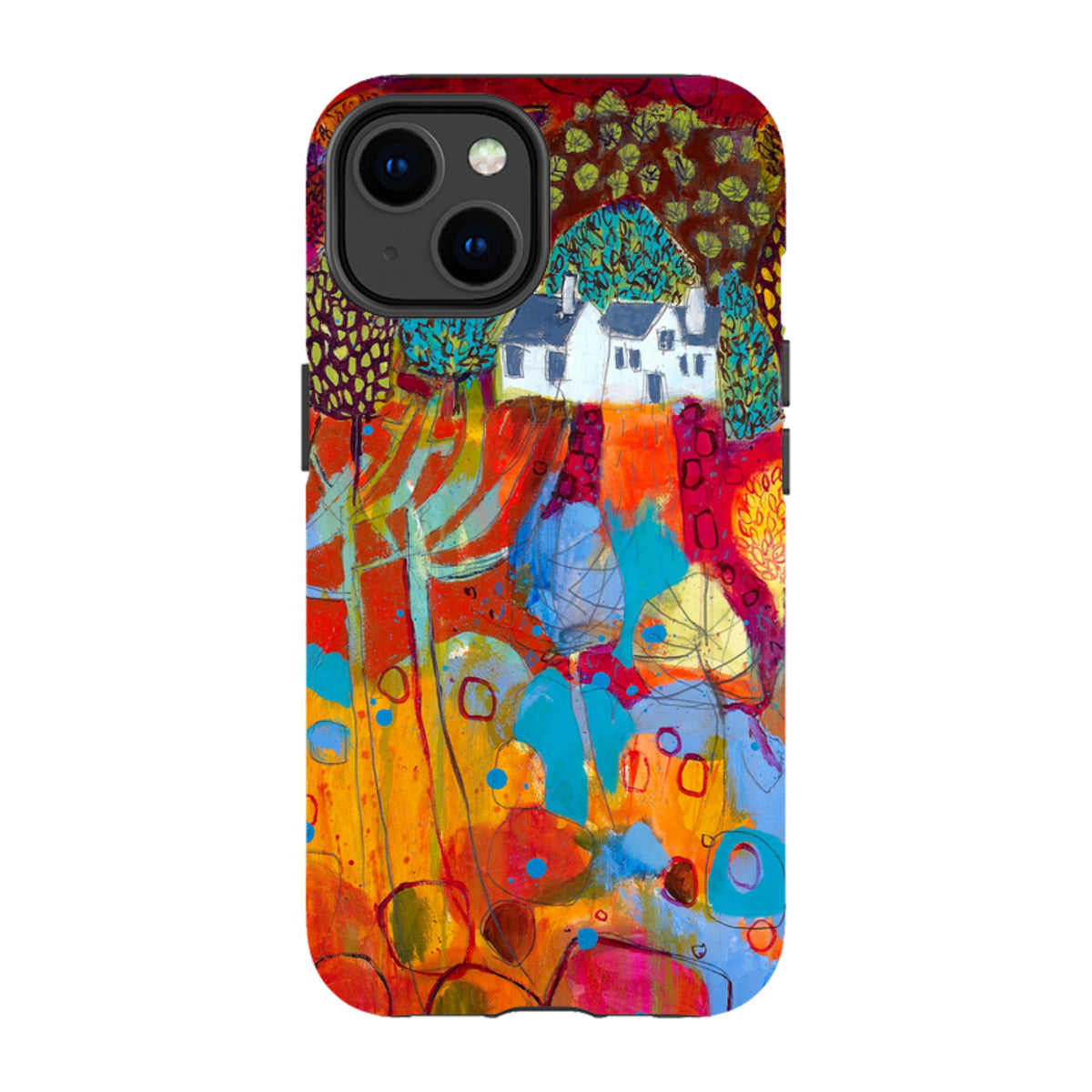 iPhone Tough Case featuring Claire West's vibrant, abstract landscape painting of a white cottage in a colorful field.