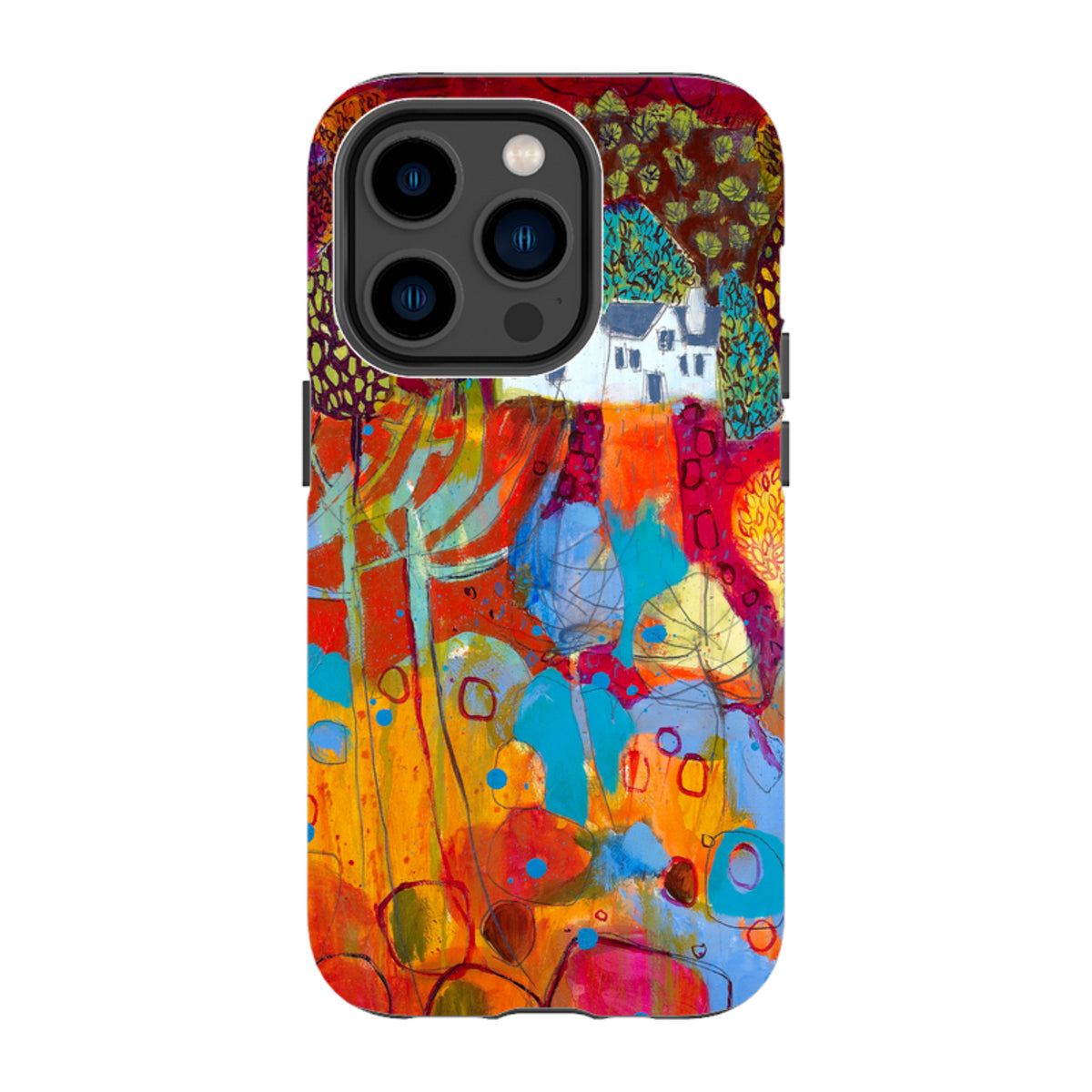 iPhone Tough Case featuring Claire West’s vibrant, abstract landscape painting of a cottage in red, orange, and blue.