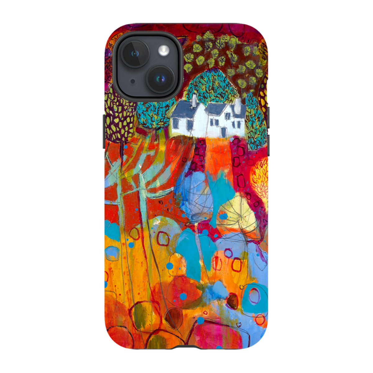 iPhone tough case featuring Claire West's colorful Croft landscape painting with a white cottage and vibrant abstract trees.