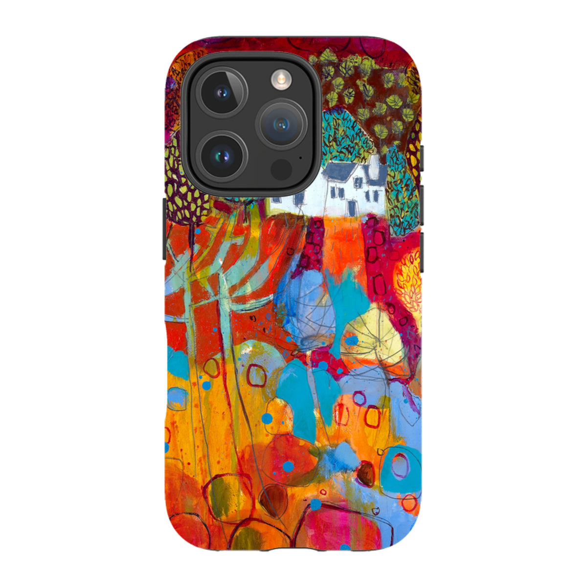 iPhone tough case featuring Claire West's vibrant, abstract landscape painting of a white cottage in red and blue tones.