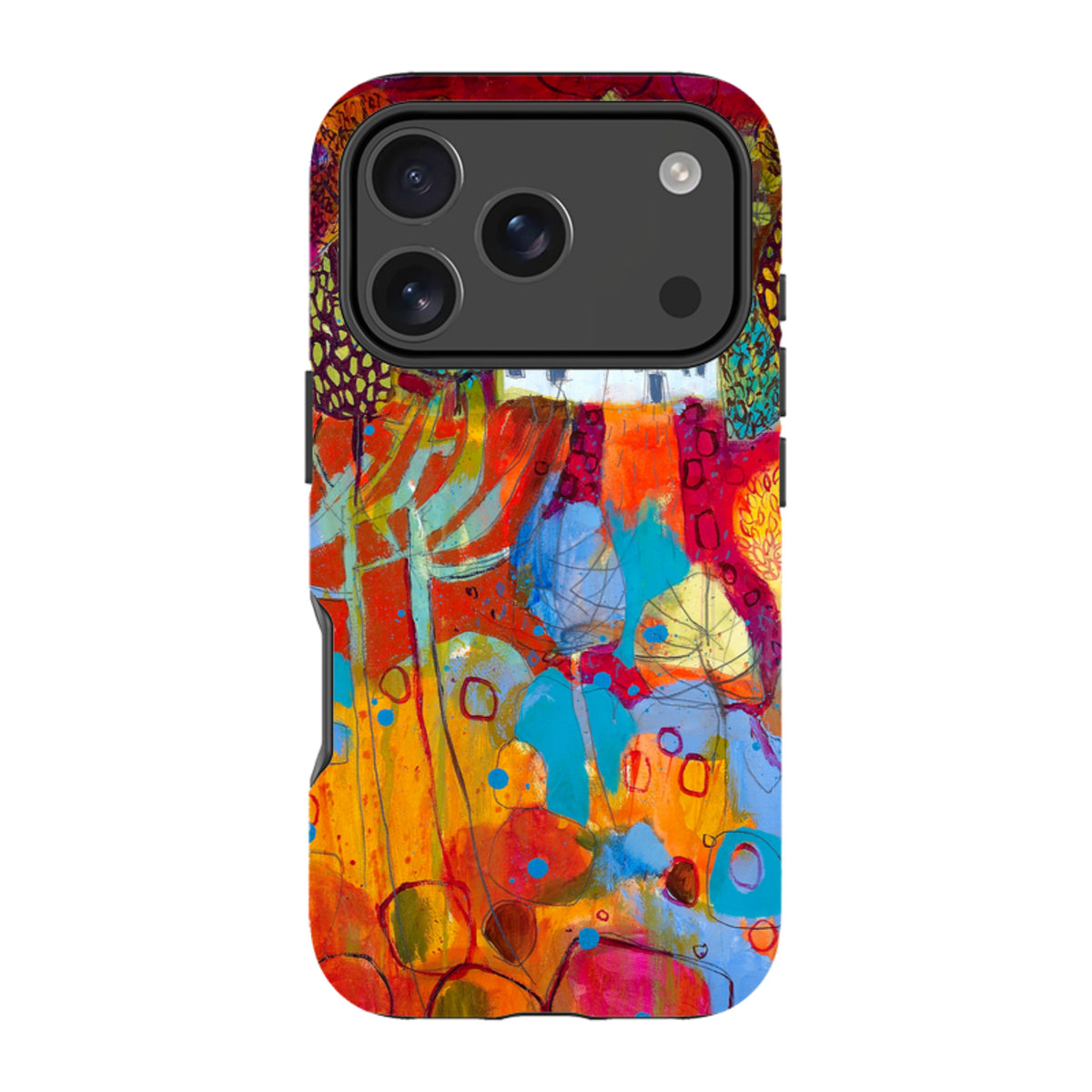 iPhone tough case featuring Claire West's colorful abstract landscape art with a protective dual-layer design.