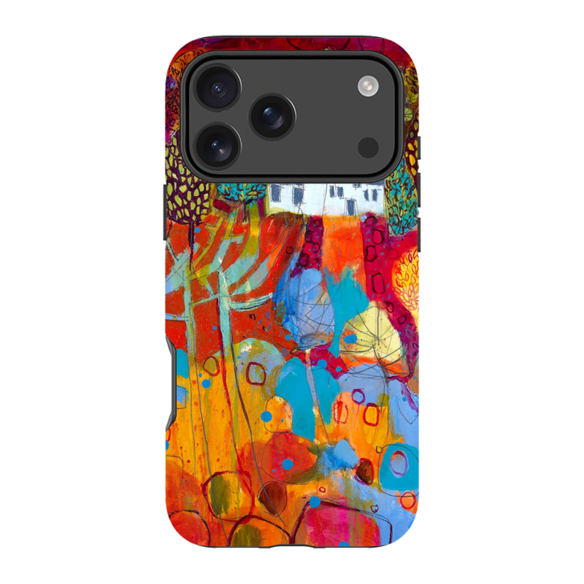 iPhone tough case featuring Claire West's vibrant, abstract landscape art in red, orange, and blue with dual-layer protection.