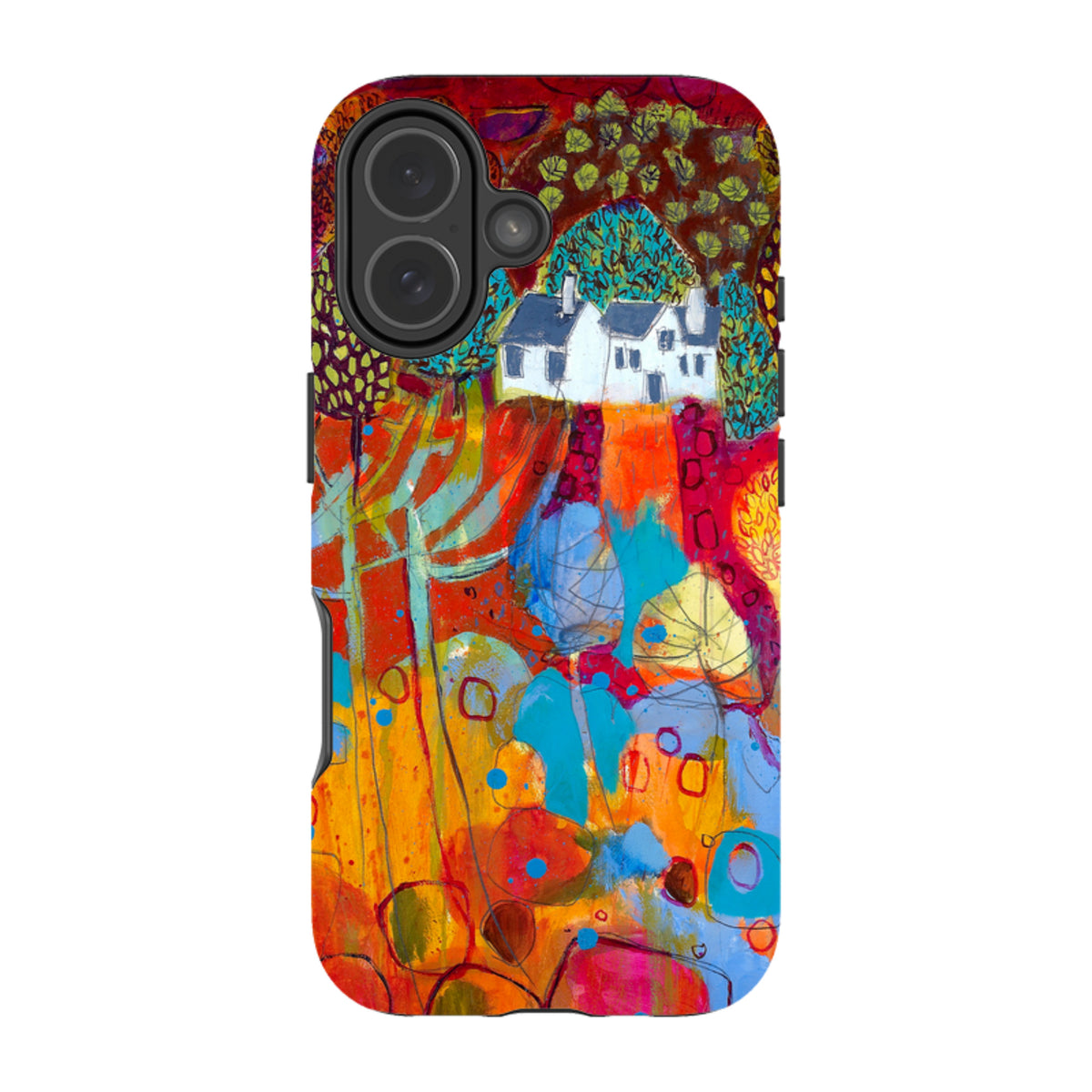 iPhone tough case featuring Claire West's vibrant, abstract landscape painting of a white cottage in colorful fields.