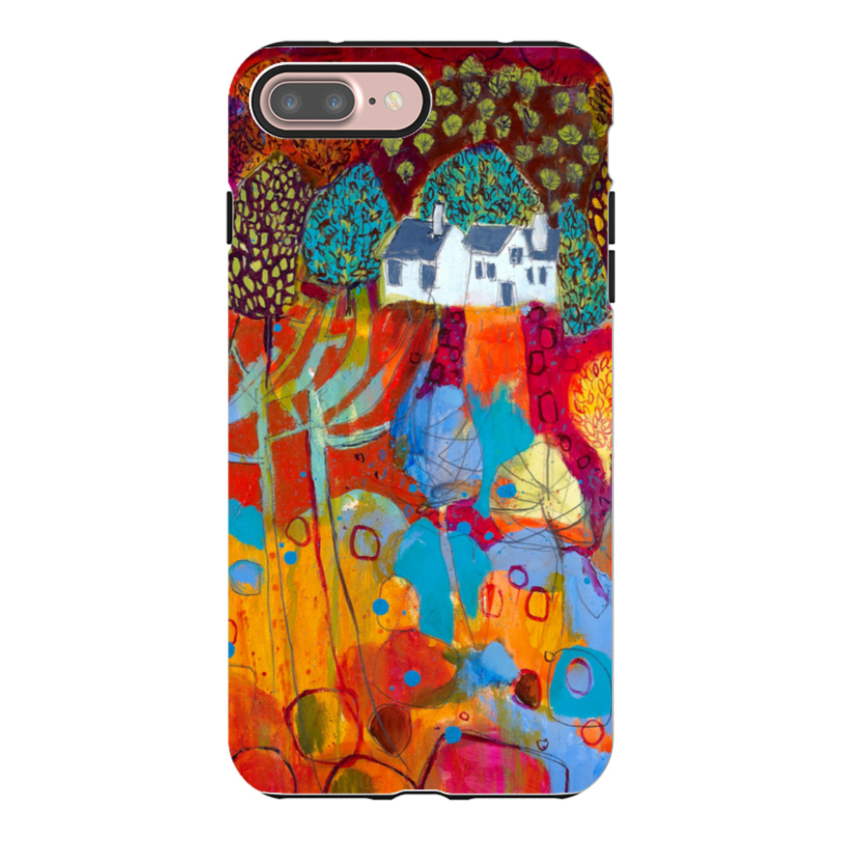 iPhone Tough Case featuring Claire West’s vibrant, abstract landscape painting of a white cottage in a colorful forest.