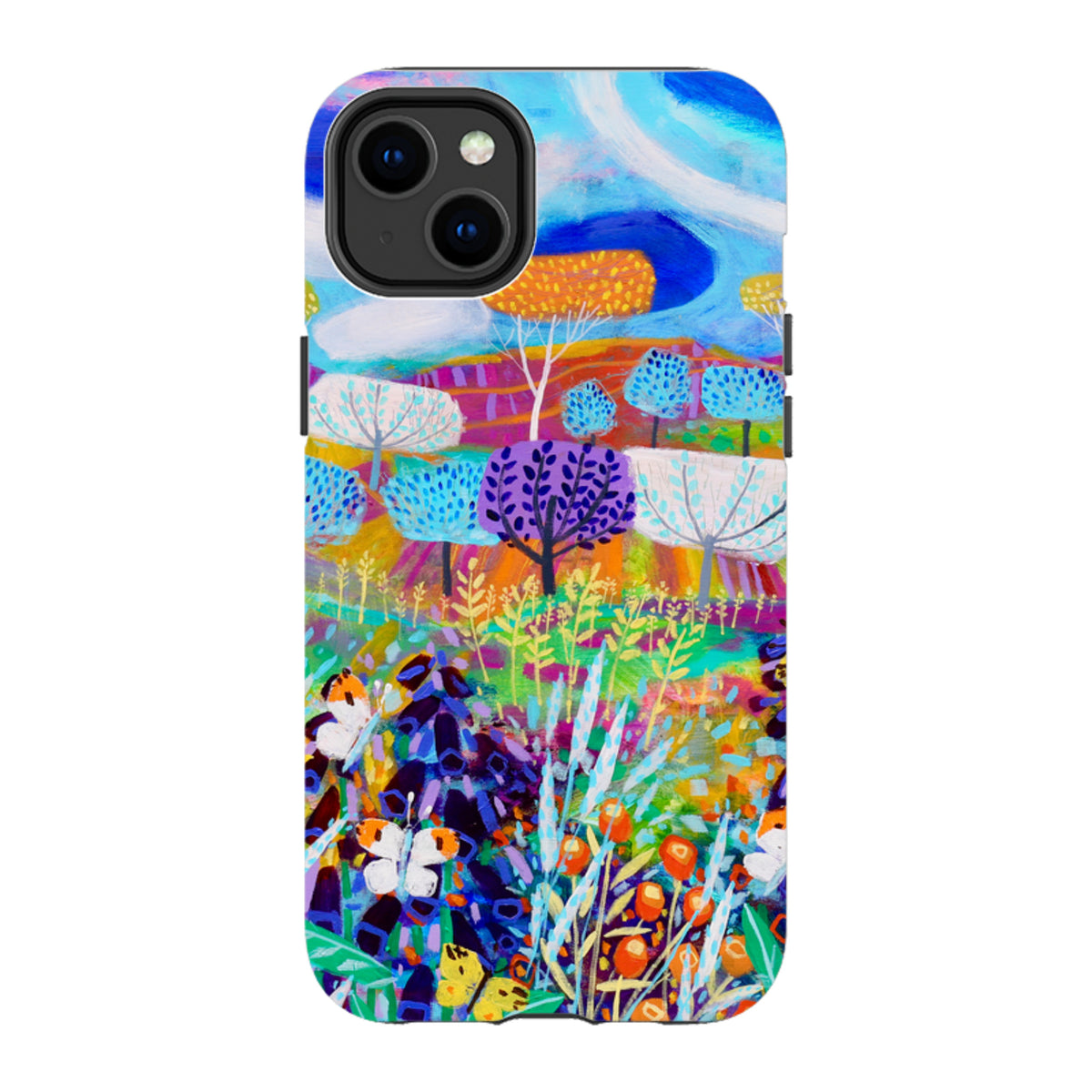 iPhone tough case featuring Claire West's vibrant, colorful landscape painting of trees, flowers, and butterflies.