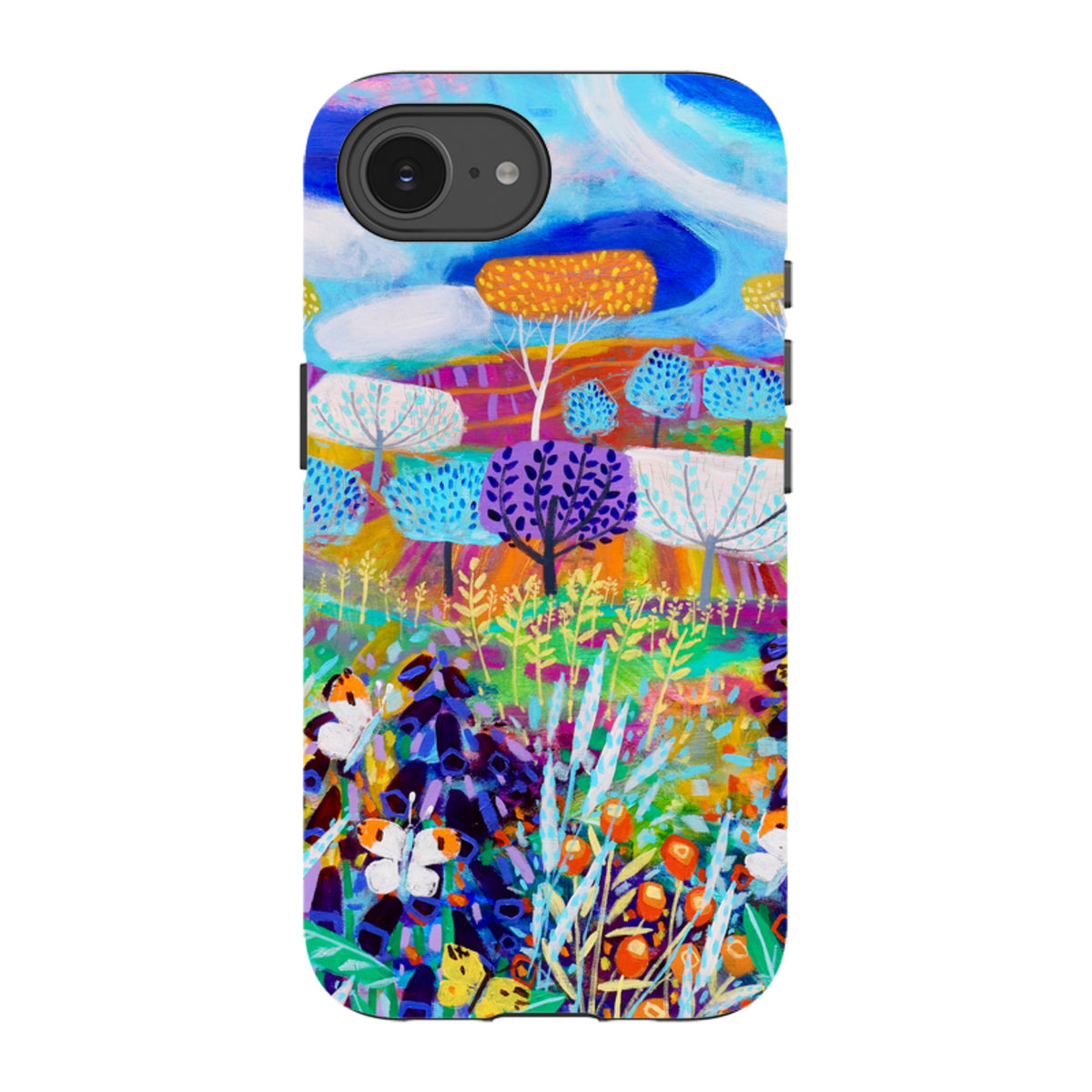 iPhone tough case featuring Claire West's vibrant landscape art with colorful trees, butterflies, and a blue sky.
