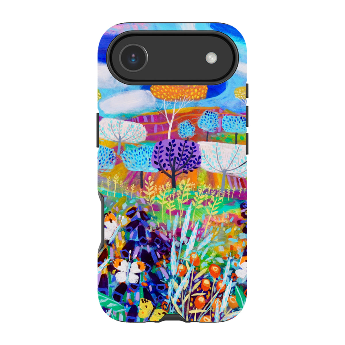 iPhone tough case featuring Claire West's vibrant landscape art with colorful trees, flowers, and a dual-layer design.