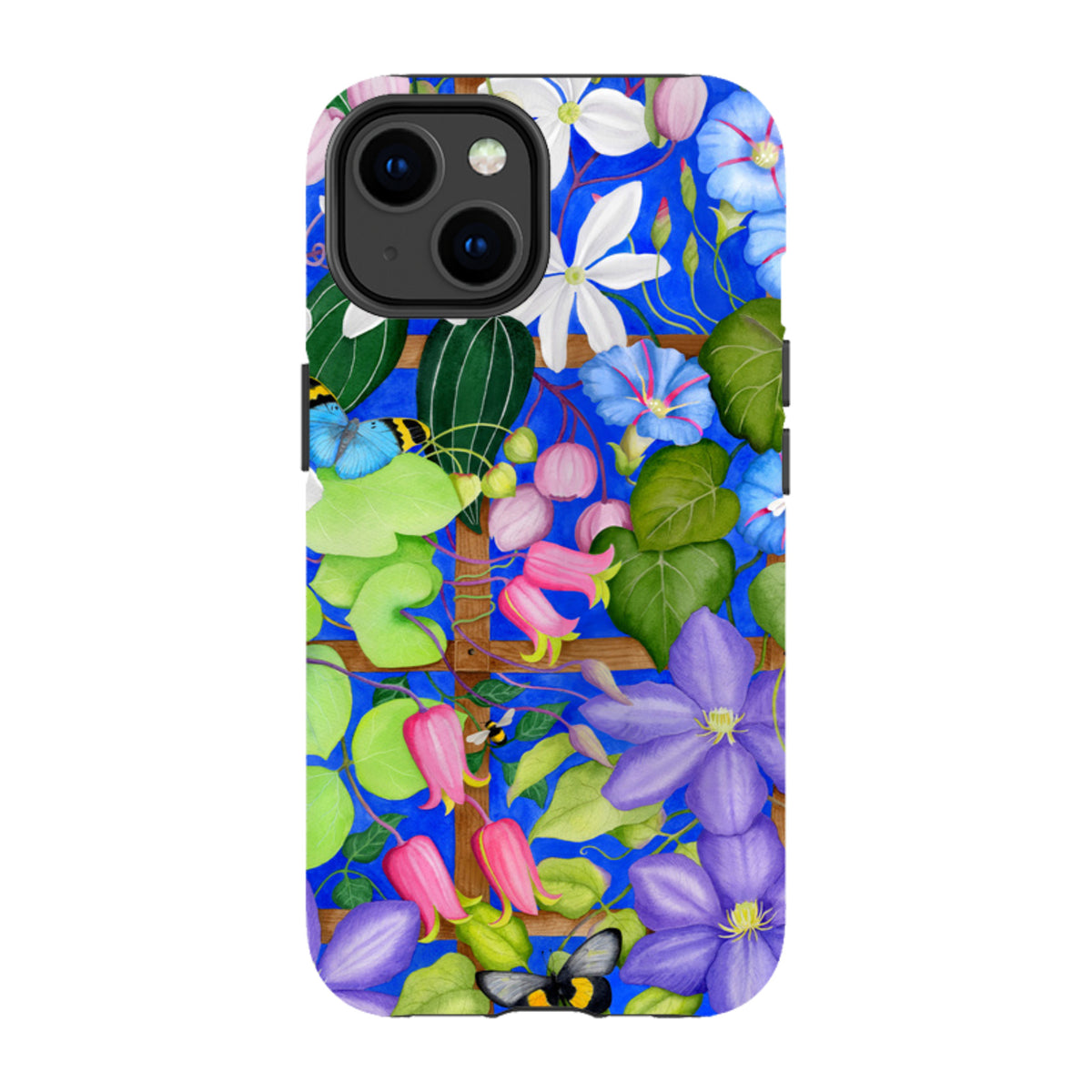 iPhone tough case featuring a vibrant blue trellis design with colorful flowers, green leaves, and butterflies.