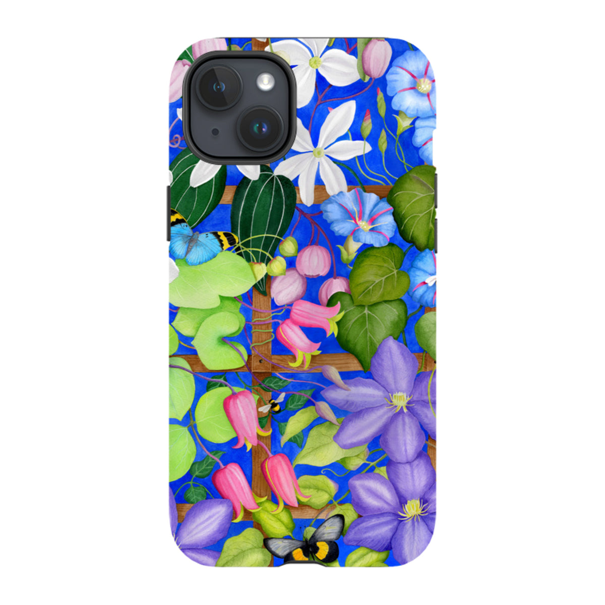 iPhone tough case featuring a vibrant blue trellis design with colorful flowers, green leaves, and butterflies.