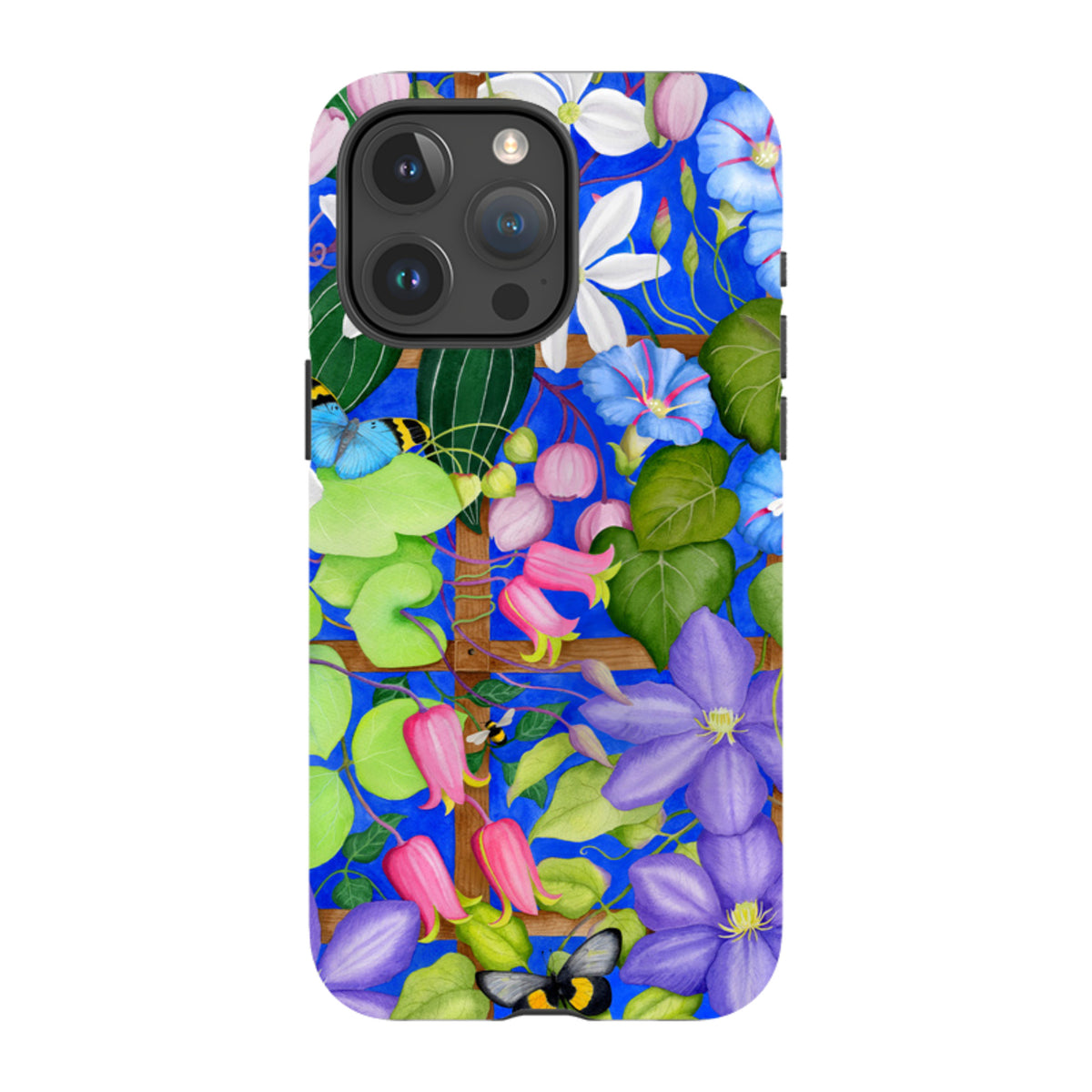 iPhone tough case featuring Bex Parkin’s Trellis floral artwork with vibrant blue, purple, and pink flowers and butterflies.
