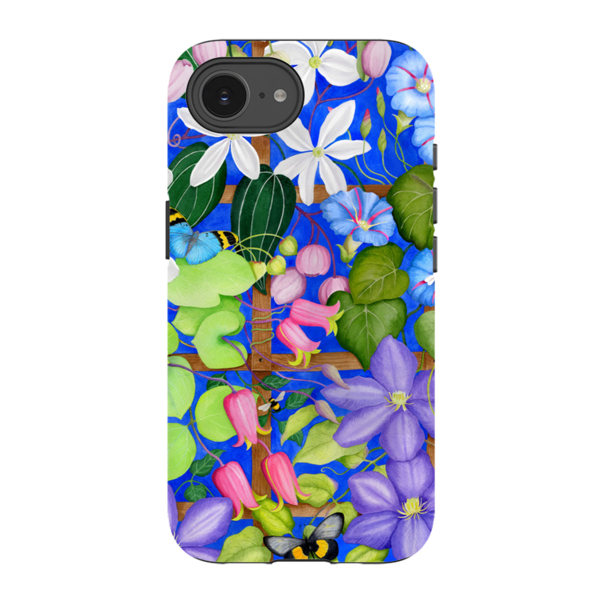 iPhone tough case featuring Bex Parkin’s Trellis floral art with blue, purple, and pink flowers and butterflies.