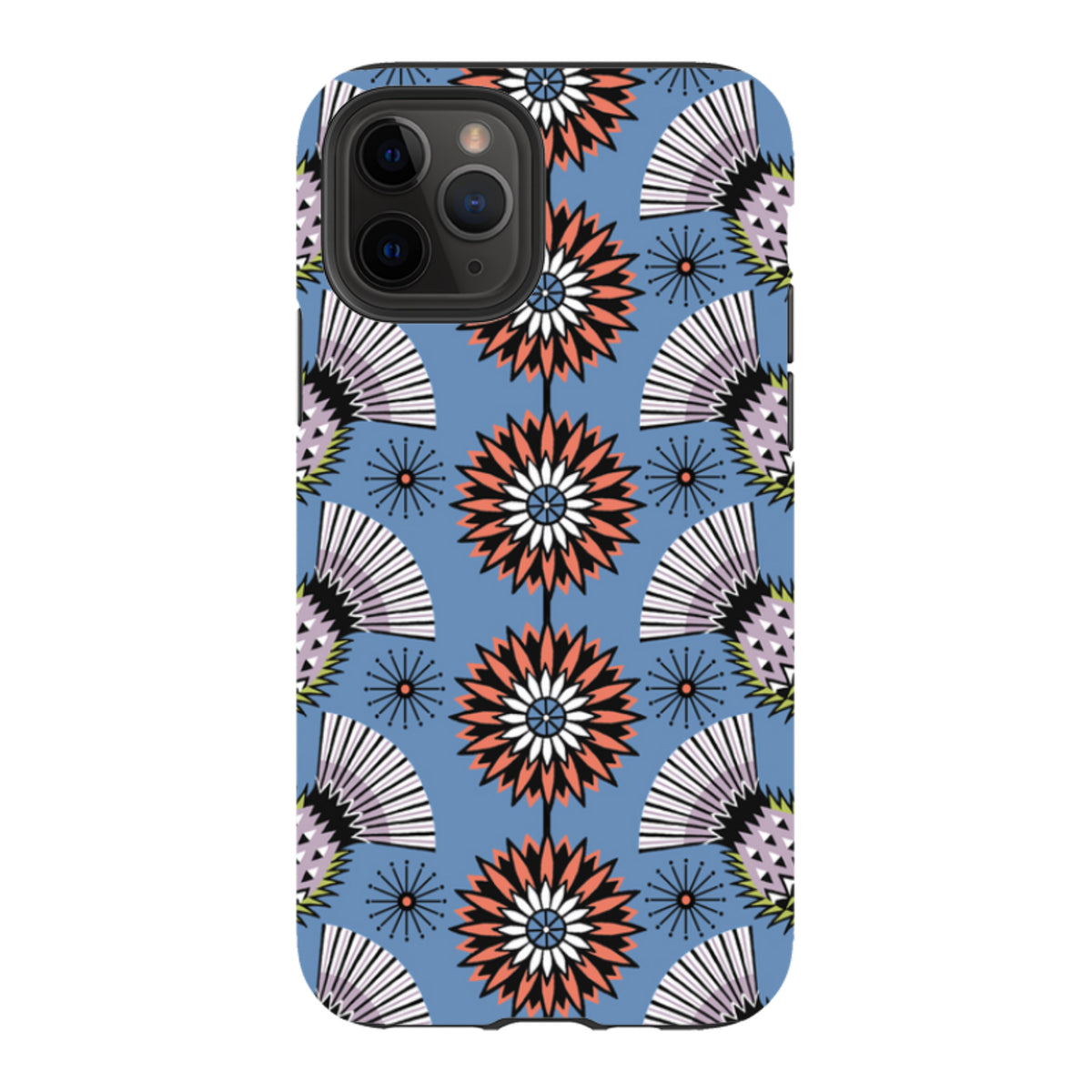 iPhone tough case with a blue thistle floral pattern by Cressida Bell, featuring a dual-layer design and camera cutout.