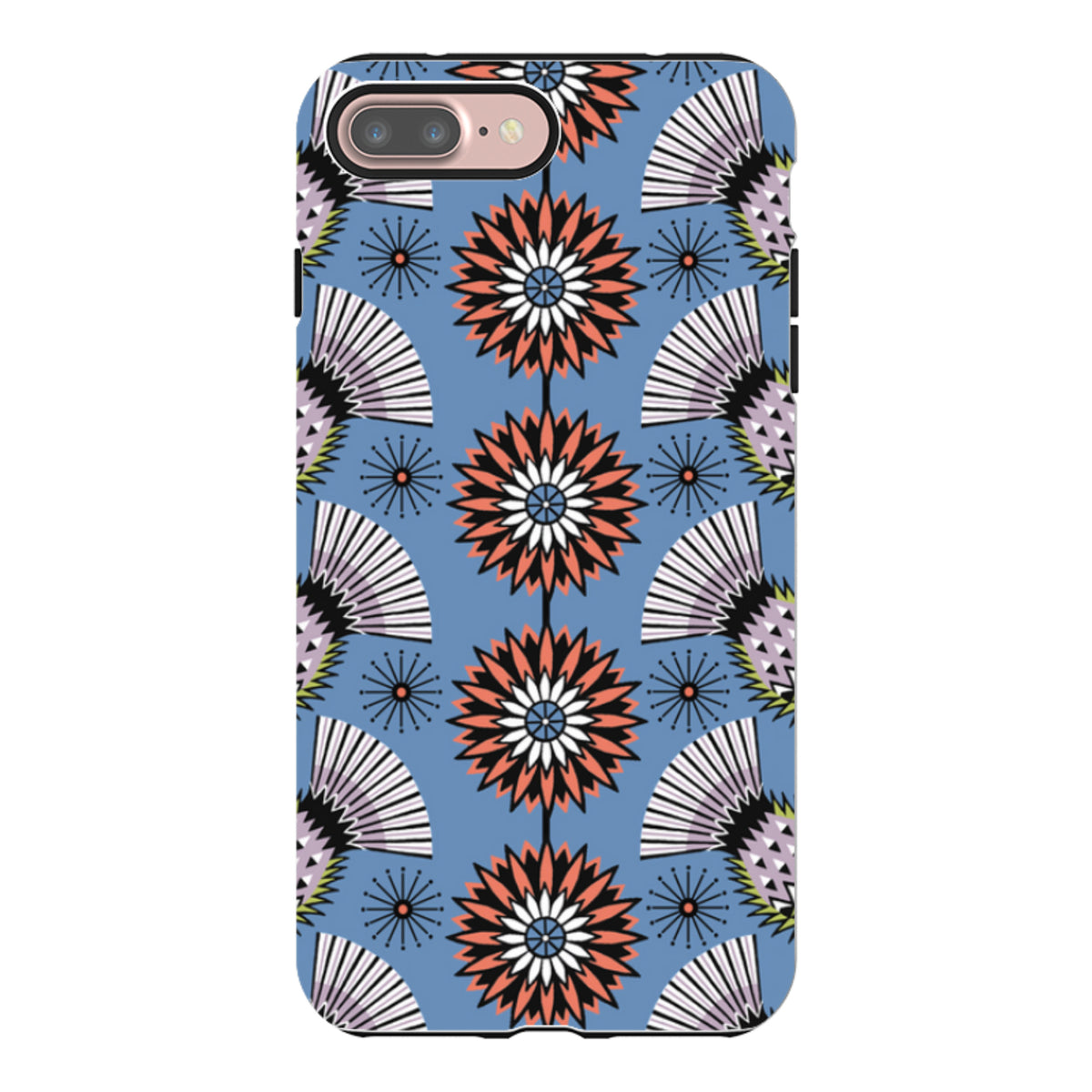 iPhone tough case with a blue background featuring a Cressida Bell thistle floral pattern in coral, white, and black.