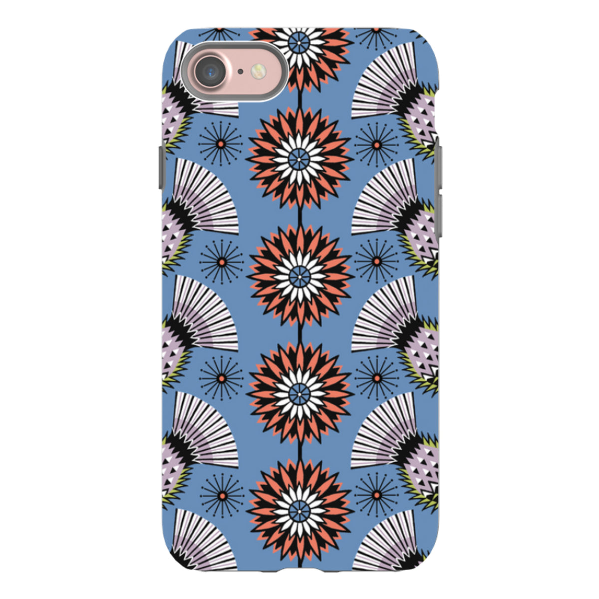 iPhone tough case with a blue thistle floral pattern, featuring a dual-layer design and precise camera cutouts.