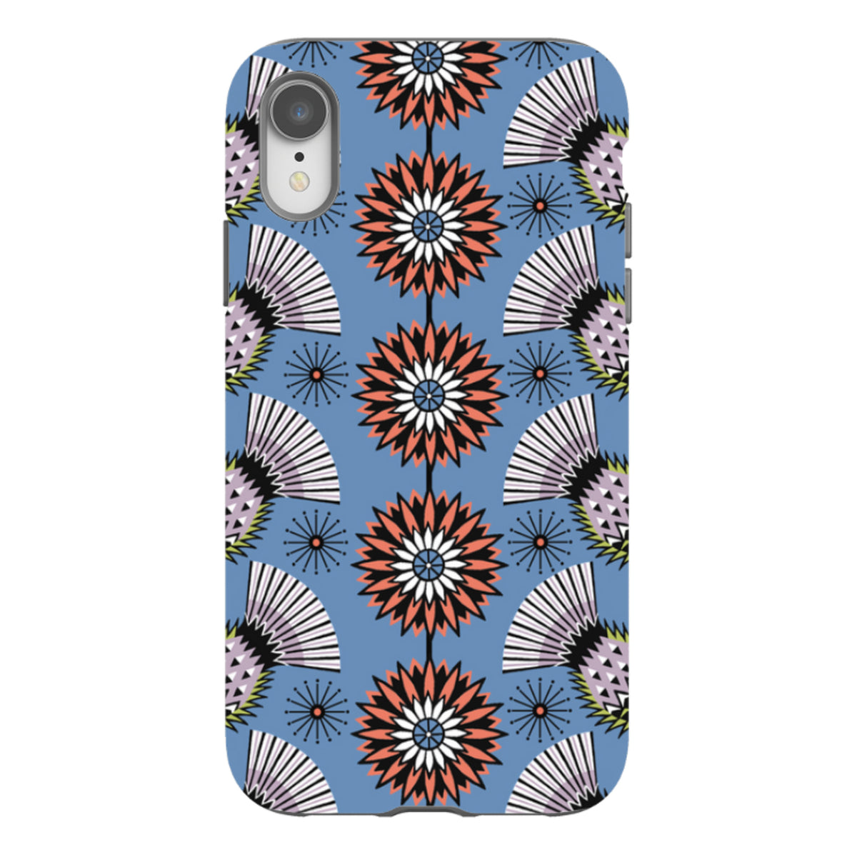 iPhone tough case featuring a blue background with a geometric thistle floral pattern in orange, white, and black.