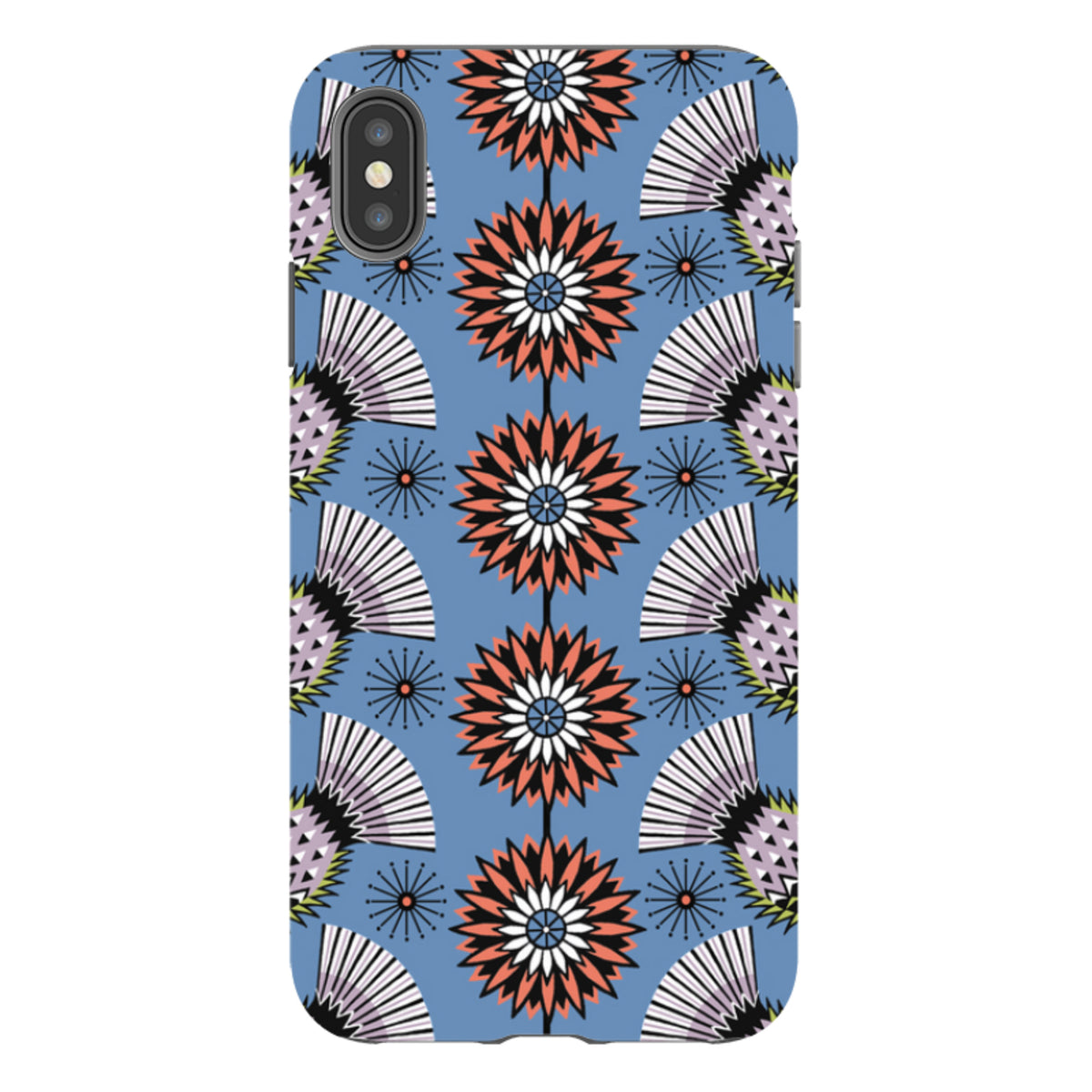 iPhone tough case with a blue background featuring Cressida Bell’s thistle floral pattern in coral, white, and black.