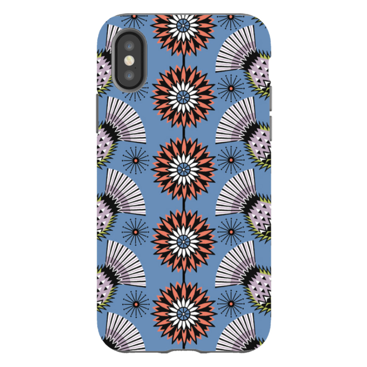 iPhone tough case featuring a blue background with a repeating Cressida Bell thistle floral pattern in orange and white.
