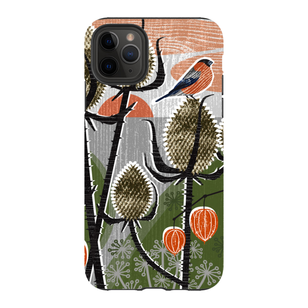 iPhone tough case featuring Liane Payne’s Thistle art with a bird, orange berries, and green foliage on a dual-layer shell.