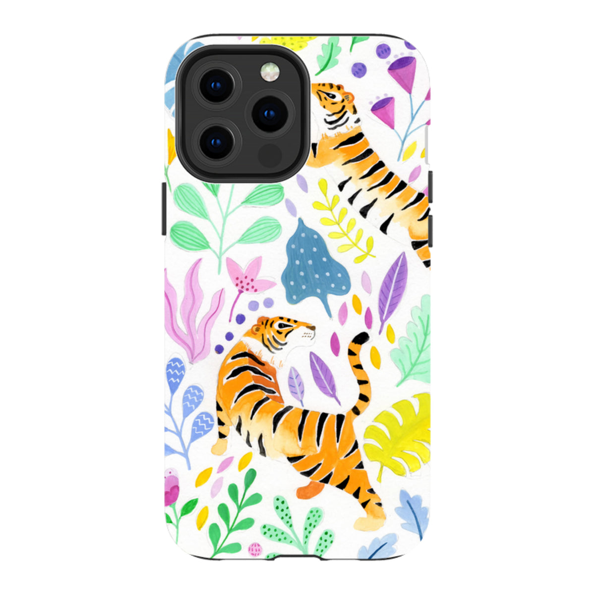 iPhone tough case featuring a colorful tiger and floral pattern on a white background with dual-layer protection.