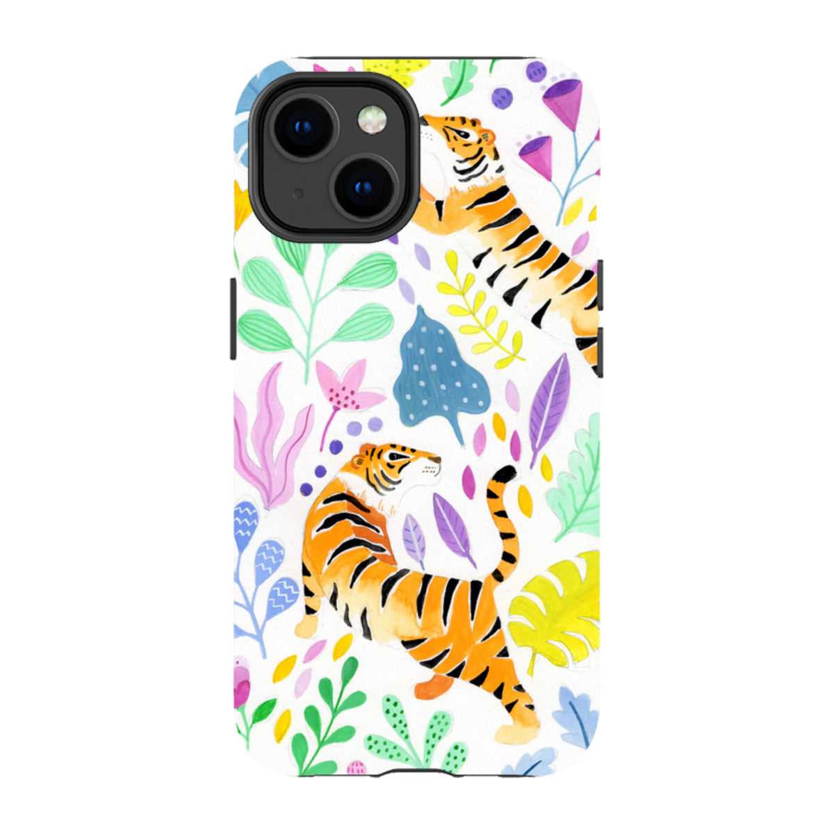 iPhone tough case featuring a vibrant watercolor tiger and floral pattern on a white background with dual-layer protection.