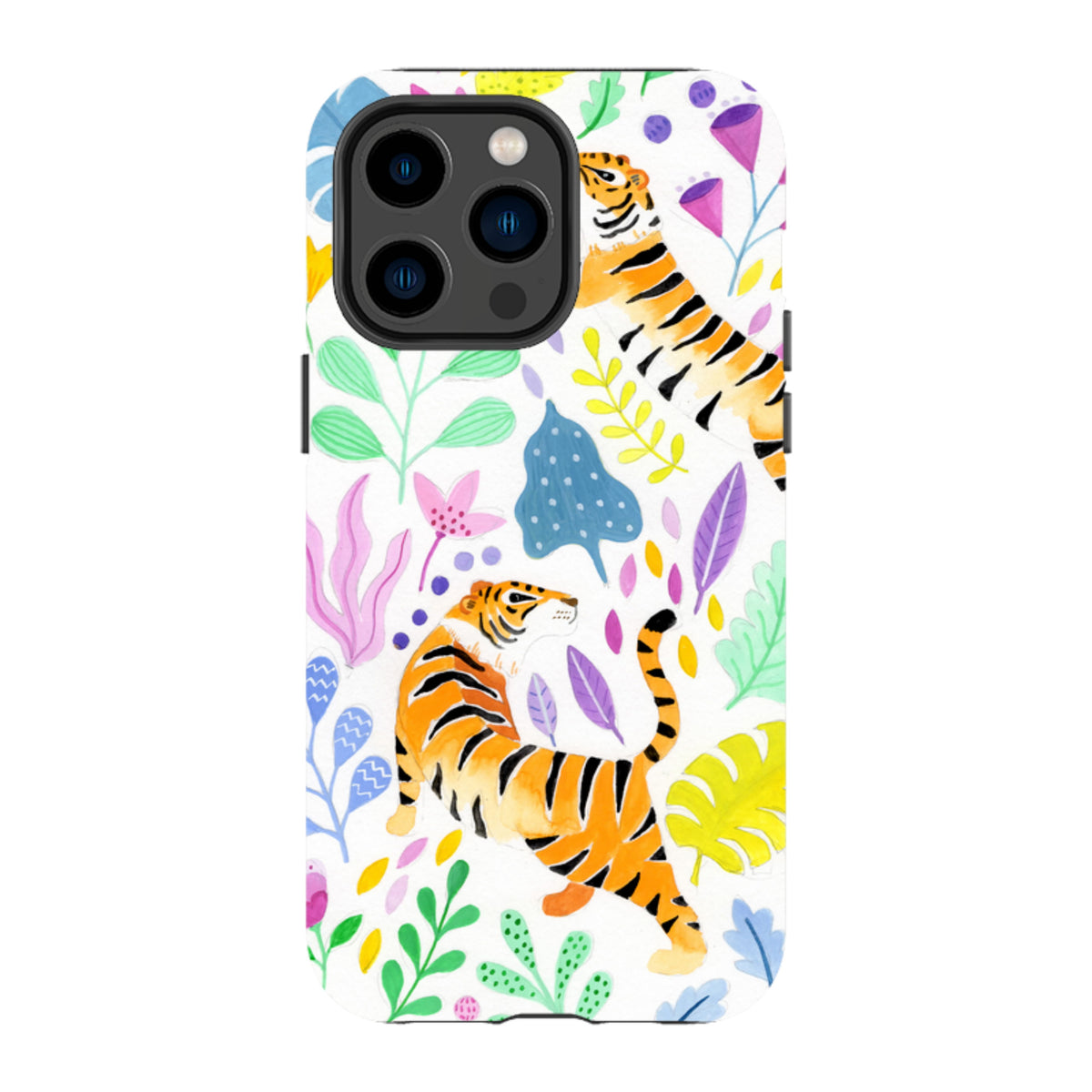 Dual-layer iPhone case featuring a colorful tiger and floral watercolor pattern on a white background.