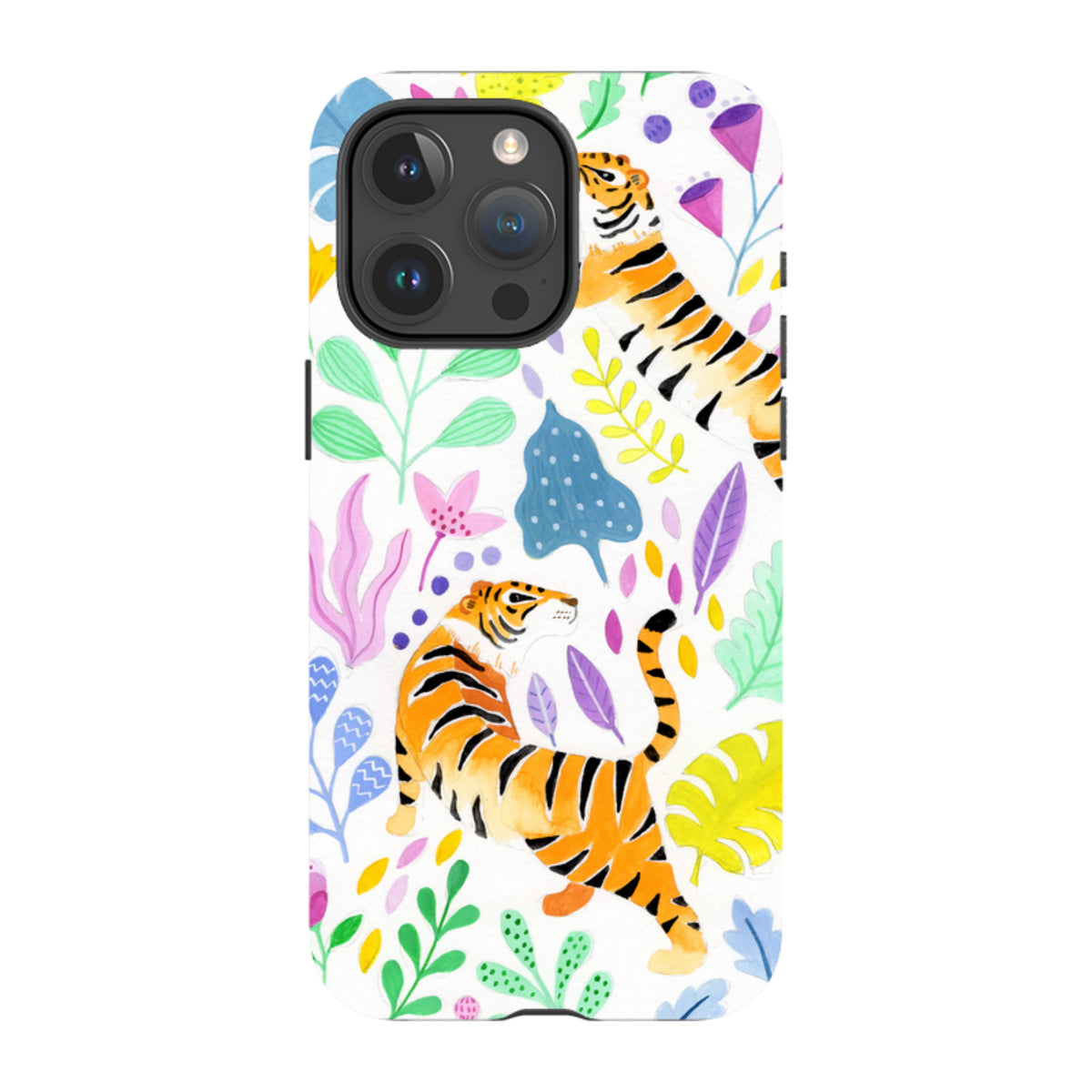 iPhone tough case featuring a vibrant watercolor tiger and floral pattern on a white background with dual-layer protection.