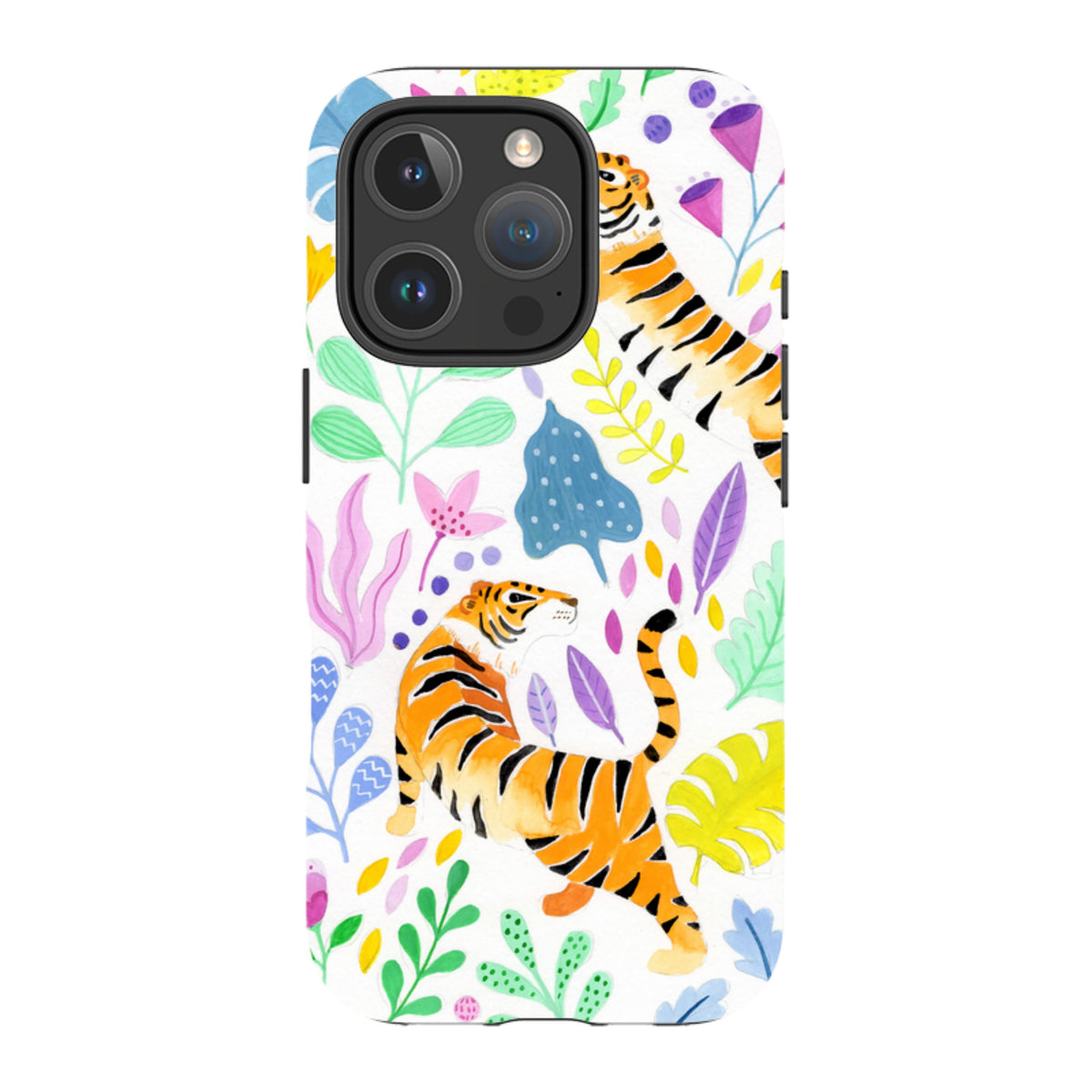 iPhone tough case featuring a vibrant tiger and floral watercolor print on a white background with dual-layer protection.