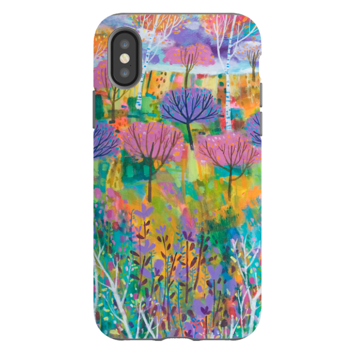 iPhone Tough Case featuring Claire West’s vibrant, colorful tree landscape art with a dual-layer protective design.