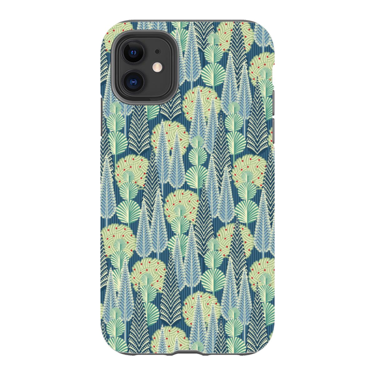 iPhone tough case with a blue, green, and red stylized tree pattern by Cressida Bell, featuring a dual-layer protective design.