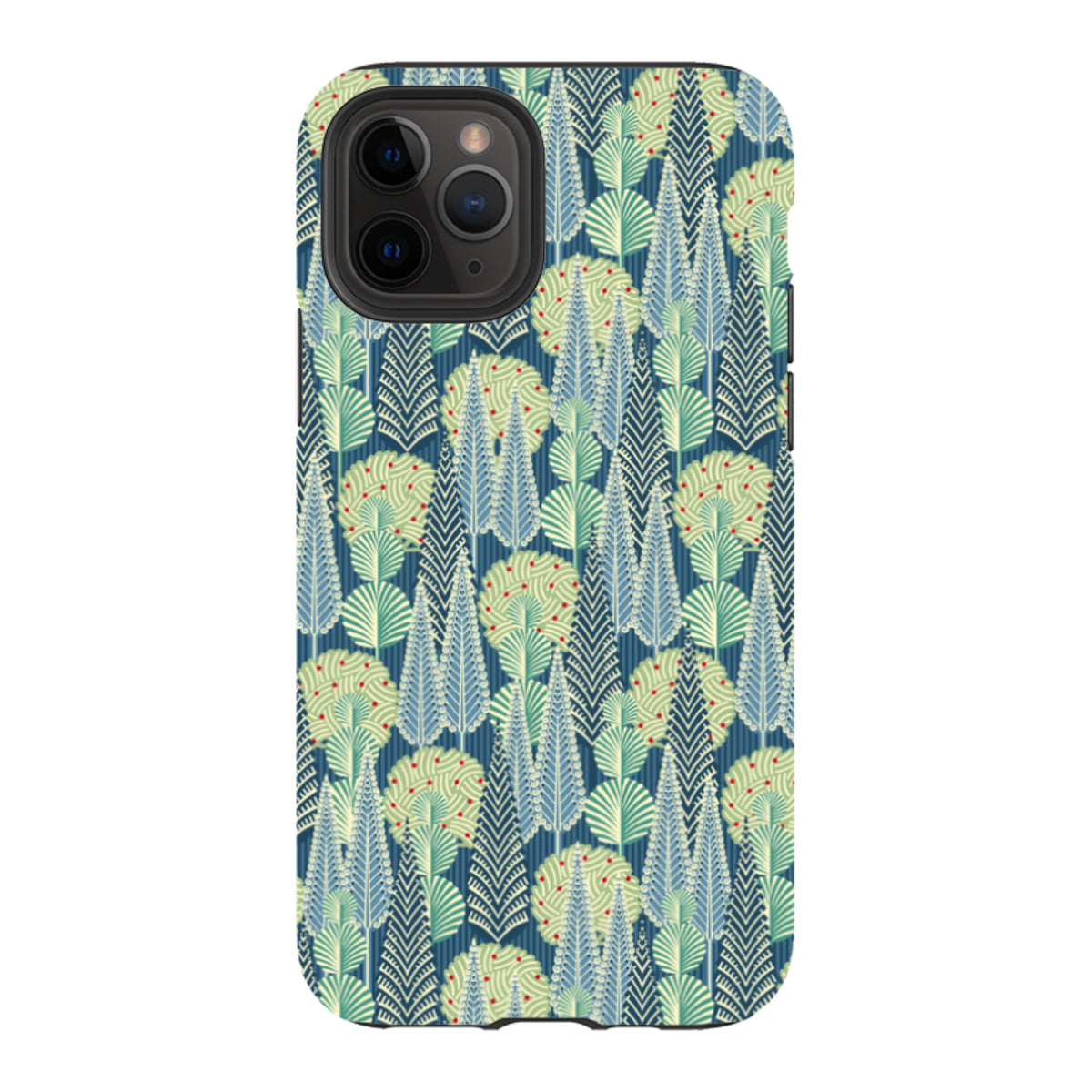 iPhone tough case featuring a blue, green, and red stylized tree pattern by Cressida Bell with dual-layer protection.