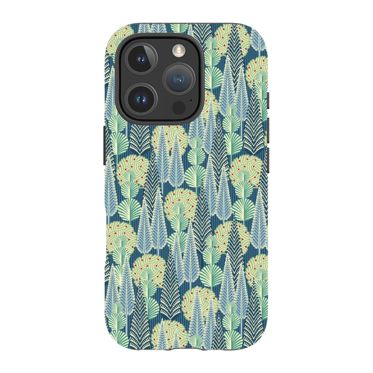 iPhone tough case featuring Cressida Bell's blue and green tree pattern with a durable dual-layer protective shell.