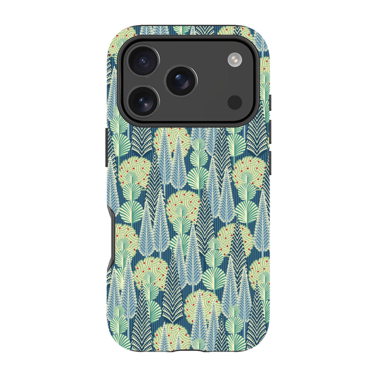 iPhone tough case featuring a blue, green, and red stylized tree pattern by Cressida Bell with dual-layer protection.