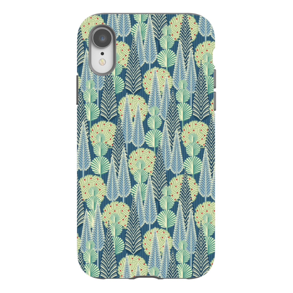 iPhone tough case with a blue, green, and red stylized tree pattern by Cressida Bell and dual-layer protective shell.