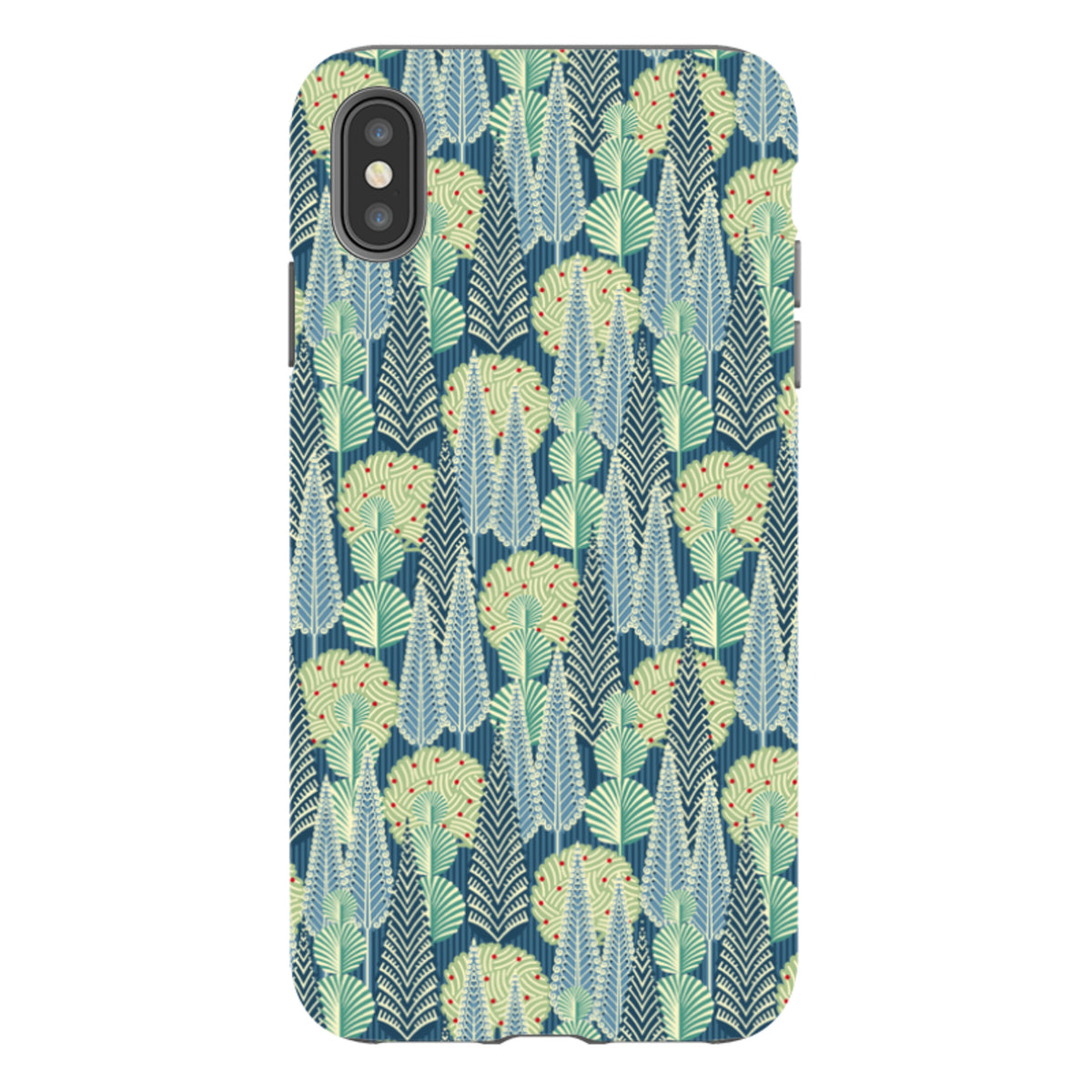 iPhone tough case featuring a Cressida Bell tree pattern in blue, green, and red on a durable dual-layer shell.