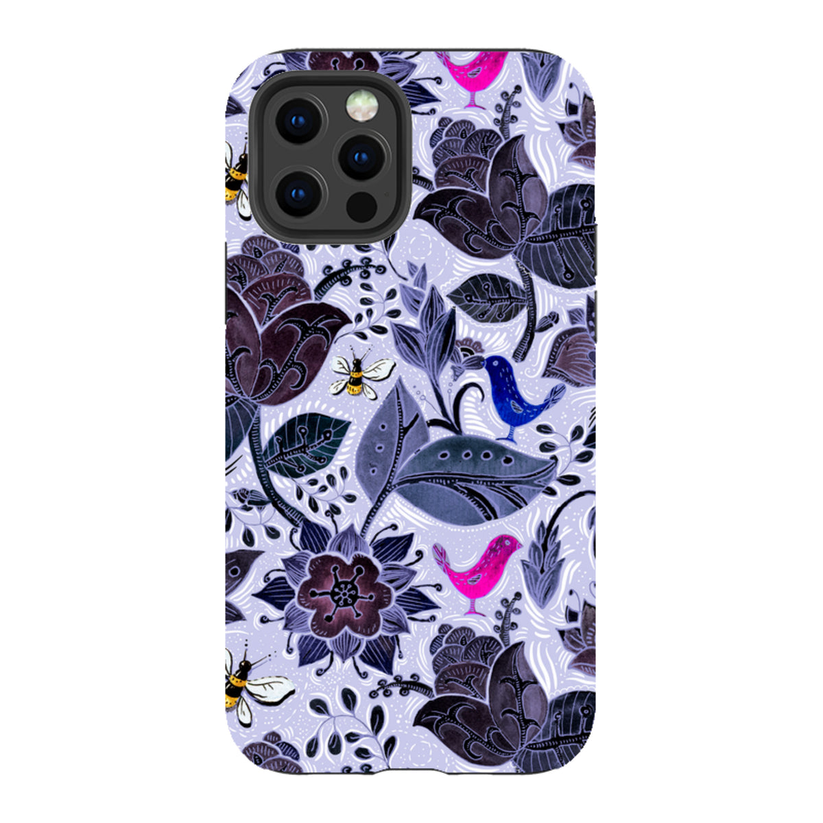iPhone tough case featuring a Tresco Abbey floral pattern with purple flowers, birds, and bees on a light lilac background.