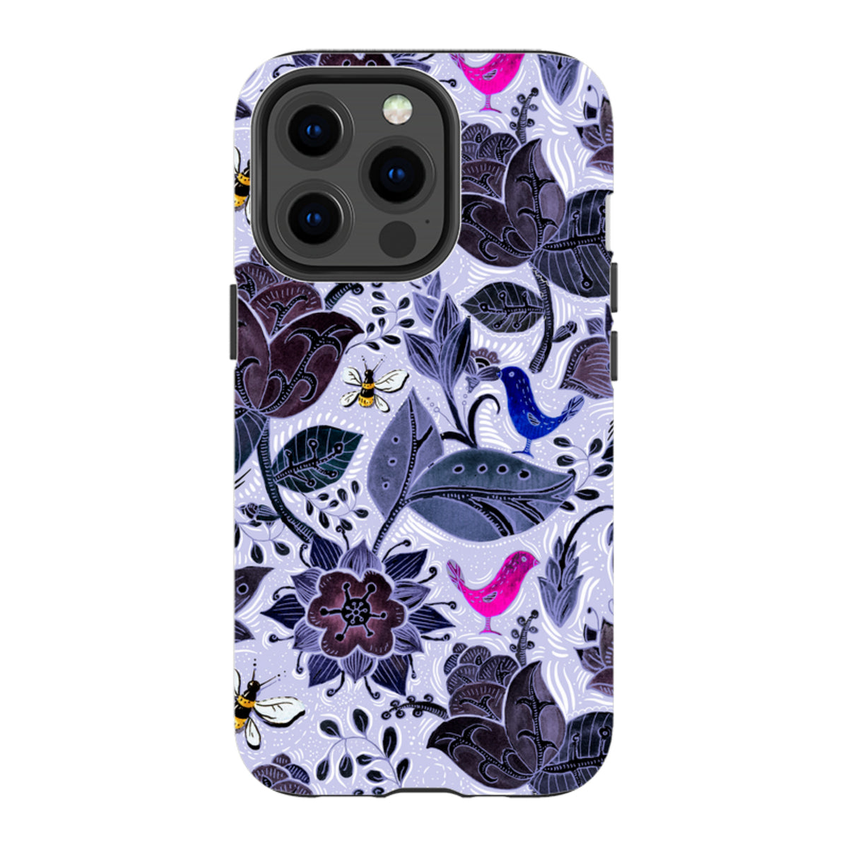 Tough iPhone case featuring a Tresco Abbey floral pattern with birds and bees on a light purple background.