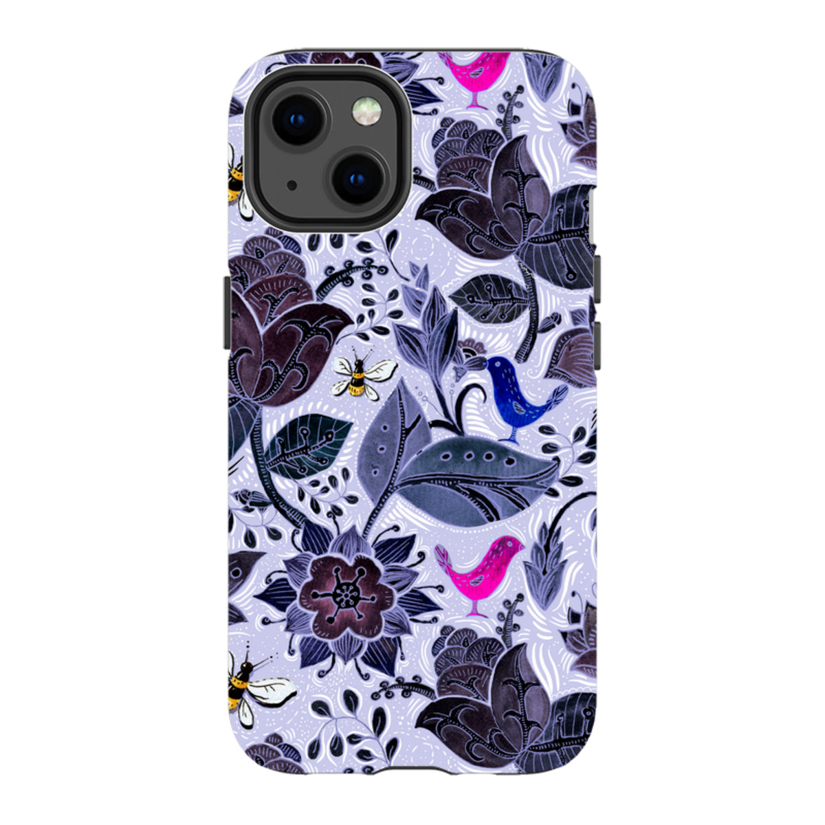 iPhone tough case featuring a Tresco Abbey floral pattern with purple flowers, blue and pink birds, and bees on a lilac background.