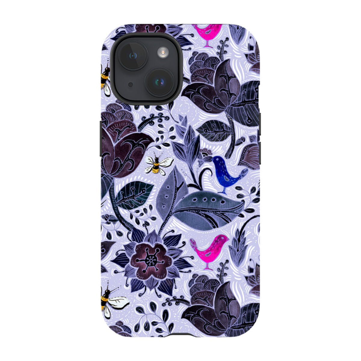 iPhone Tough Case featuring a Tresco Abbey floral pattern with purple flowers, blue and pink birds, and bees on a light background.