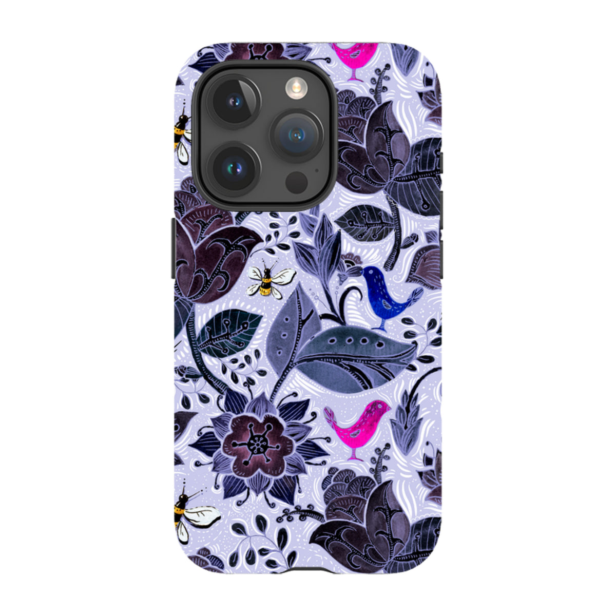 iPhone tough case with Tresco Abbey floral pattern, featuring dark purple flowers, blue and pink birds, and bees on lavender.