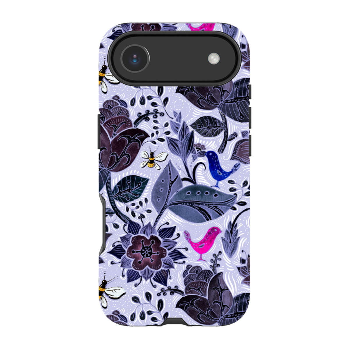 Tough dual-layer iPhone case featuring a Tresco Abbey floral pattern with birds and bees on a light purple background.