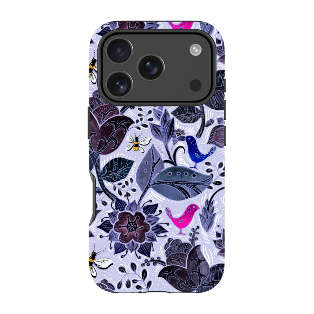 iPhone tough case with Tresco Abbey floral pattern, featuring blue and pink birds, bees, and dark leaves on a light purple.